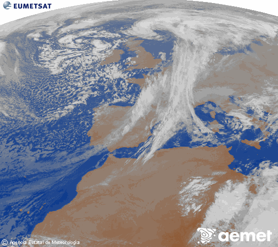 Imagen de la zona de Europa y Norte de frica del canal infrarrojo del satlite Meteosat operacional en 0N 0W, procesada para darle color. martes, 02 diciembre 2025 a las 09:00