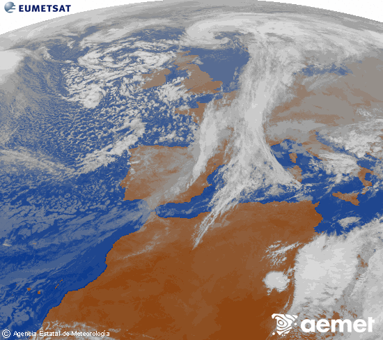 Imagen de la zona de Europa y Norte de frica del canal infrarrojo del satlite Meteosat operacional en 0N 0W, procesada para darle color. martes, 02 diciembre 2025 a las 12:00