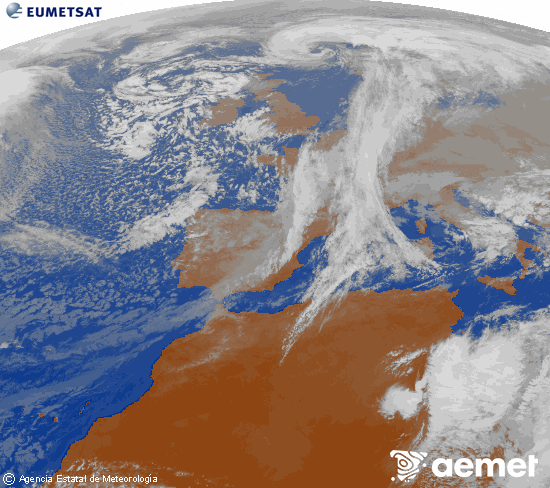 Imagen de la zona de Europa y Norte de frica del canal infrarrojo del satlite Meteosat operacional en 0N 0W, procesada para darle color. martes, 02 diciembre 2025 a las 13:00