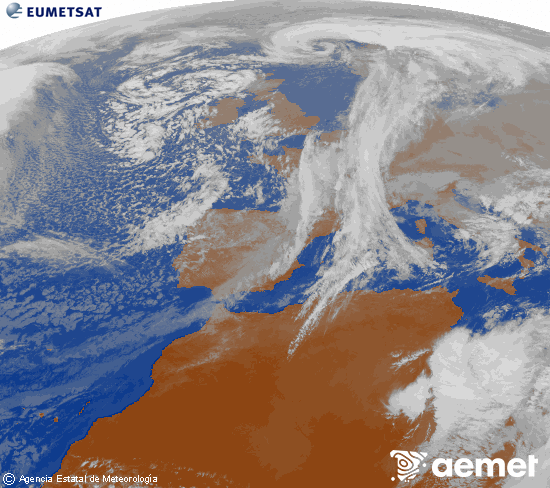 Imagen de la zona de Europa y Norte de frica del canal infrarrojo del satlite Meteosat operacional en 0N 0W, procesada para darle color. martes, 02 diciembre 2025 a las 14:00