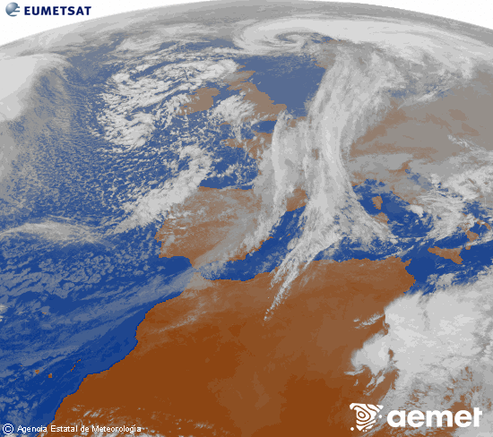 Imagen de la zona de Europa y Norte de frica del canal infrarrojo del satlite Meteosat operacional en 0N 0W, procesada para darle color. martes, 02 diciembre 2025 a las 15:00