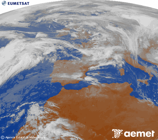 Imagen de la zona de Europa y Norte de frica del canal infrarrojo del satlite Meteosat operacional en 0N 0W, procesada para darle color. sbado, 06 diciembre 2025 a las 12:00