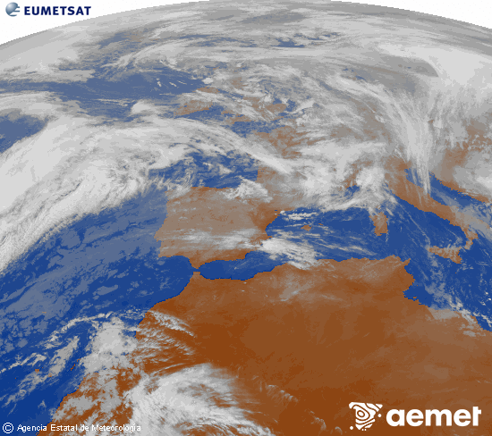 Imagen de la zona de Europa y Norte de frica del canal infrarrojo del satlite Meteosat operacional en 0N 0W, procesada para darle color. sbado, 06 diciembre 2025 a las 13:00