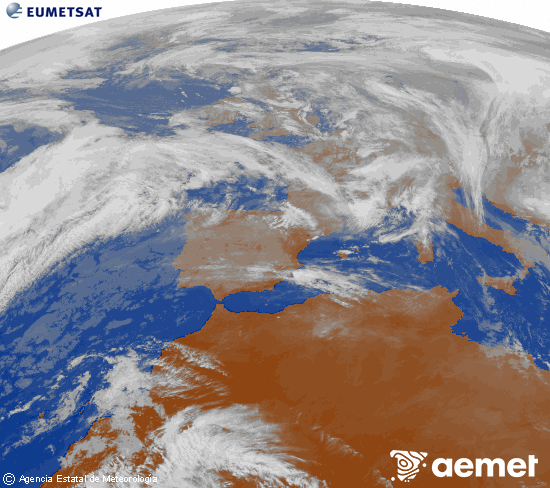 Imagen de la zona de Europa y Norte de frica del canal infrarrojo del satlite Meteosat operacional en 0N 0W, procesada para darle color. sbado, 06 diciembre 2025 a las 14:00