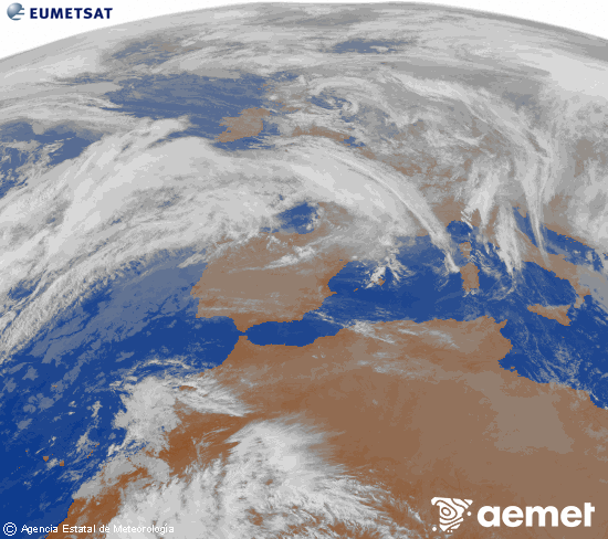Imagen de la zona de Europa y Norte de frica del canal infrarrojo del satlite Meteosat operacional en 0N 0W, procesada para darle color. sbado, 06 diciembre 2025 a las 18:00