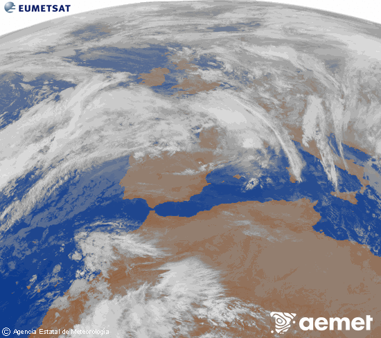 Imagen de la zona de Europa y Norte de frica del canal infrarrojo del satlite Meteosat operacional en 0N 0W, procesada para darle color. sbado, 06 diciembre 2025 a las 20:00