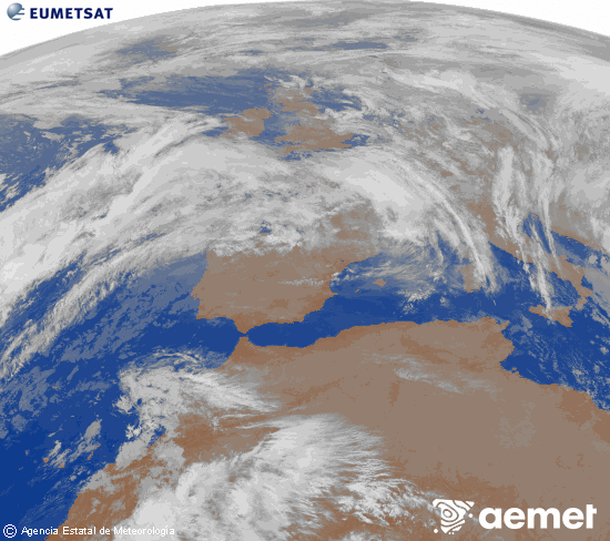 Imagen de la zona de Europa y Norte de frica del canal infrarrojo del satlite Meteosat operacional en 0N 0W, procesada para darle color. sbado, 06 diciembre 2025 a las 21:00