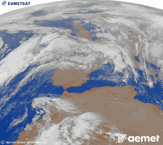 Imagen de la zona de Europa y Norte de frica del canal infrarrojo del satlite Meteosat operacional en 0N 0W, procesada para darle color. sbado, 06 diciembre 2025 a las 23:00