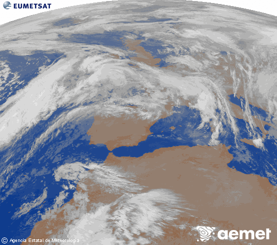 Imagen de la zona de Europa y Norte de frica del canal infrarrojo del satlite Meteosat operacional en 0N 0W, procesada para darle color. domingo, 07 diciembre 2025 a las 00:00