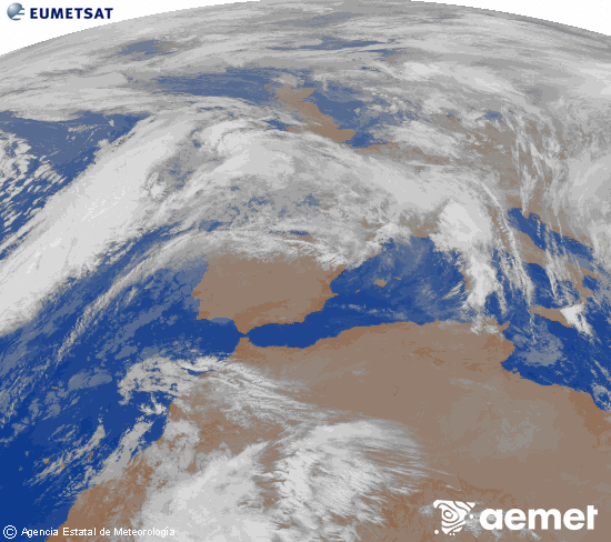 Imagen de la zona de Europa y Norte de frica del canal infrarrojo del satlite Meteosat operacional en 0N 0W, procesada para darle color. domingo, 07 diciembre 2025 a las 01:00