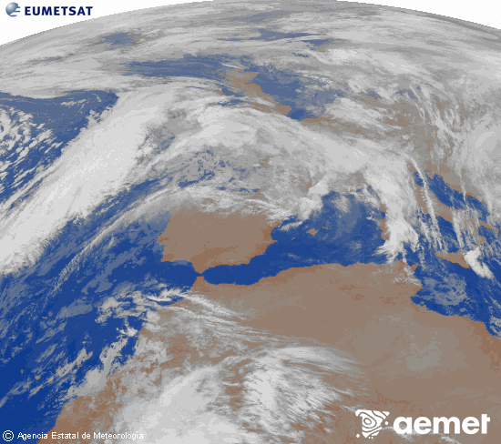 Imagen de la zona de Europa y Norte de frica del canal infrarrojo del satlite Meteosat operacional en 0N 0W, procesada para darle color. domingo, 07 diciembre 2025 a las 02:00