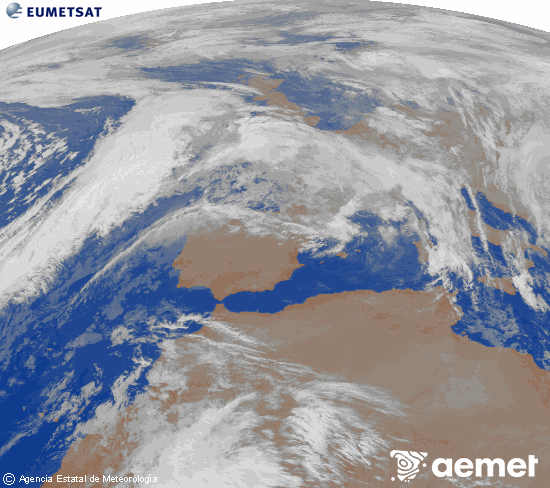 Imagen de la zona de Europa y Norte de frica del canal infrarrojo del satlite Meteosat operacional en 0N 0W, procesada para darle color. domingo, 07 diciembre 2025 a las 03:00