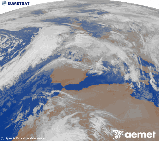 Imagen de la zona de Europa y Norte de frica del canal infrarrojo del satlite Meteosat operacional en 0N 0W, procesada para darle color. domingo, 07 diciembre 2025 a las 04:00