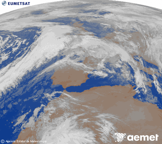 Imagen de la zona de Europa y Norte de frica del canal infrarrojo del satlite Meteosat operacional en 0N 0W, procesada para darle color. domingo, 07 diciembre 2025 a las 05:00