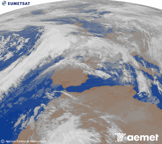 Imagen de la zona de Europa y Norte de frica del canal infrarrojo del satlite Meteosat operacional en 0N 0W, procesada para darle color. domingo, 07 diciembre 2025 a las 06:00