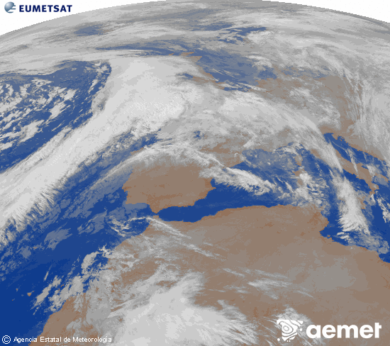 Imagen de la zona de Europa y Norte de frica del canal infrarrojo del satlite Meteosat operacional en 0N 0W, procesada para darle color. domingo, 07 diciembre 2025 a las 07:00