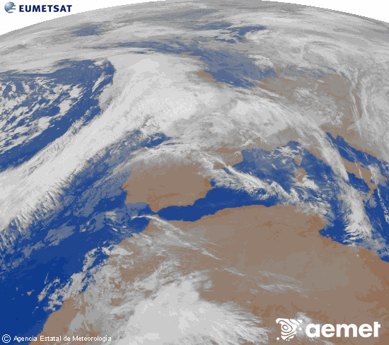 Imagen de la zona de Europa y Norte de frica del canal infrarrojo del satlite Meteosat operacional en 0N 0W, procesada para darle color. domingo, 07 diciembre 2025 a las 08:00