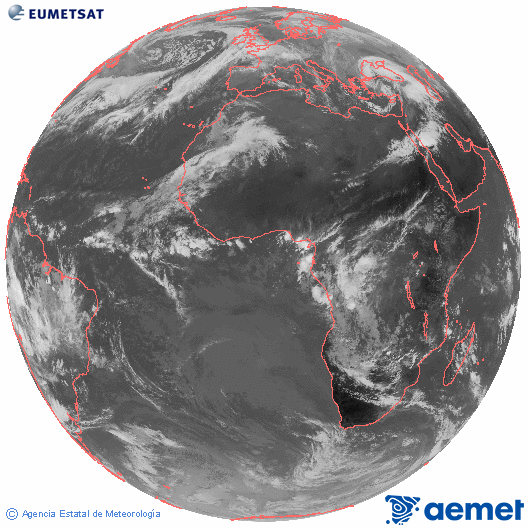 Imagen global del canal infrarrojo (10.8 μm) del satlite Meteosat, perteneciente a la serie MSG (Meteosat Segunda Generacin) y situado en 0N 0E. Sunday, 7 December  2025 10:00