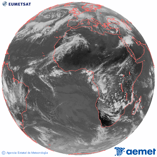 Imagen global del canal infrarrojo (10.8 μm) del satlite Meteosat, perteneciente a la serie MSG (Meteosat Segunda Generacin) y situado en 0N 0E. Sunday, 7 December  2025 13:00