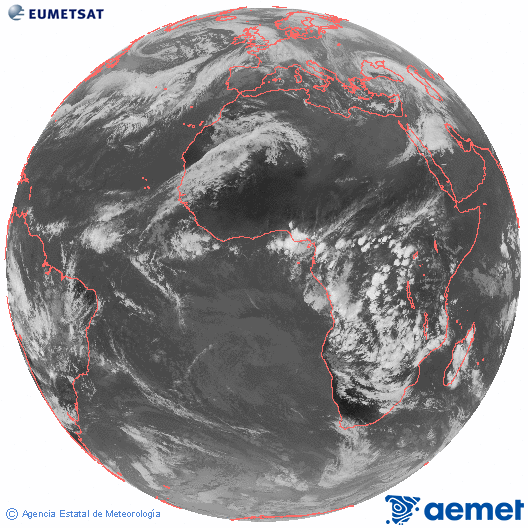 Imagen global del canal infrarrojo (10.8 μm) del satlite Meteosat, perteneciente a la serie MSG (Meteosat Segunda Generacin) y situado en 0N 0E. Sunday, 7 December  2025 16:00