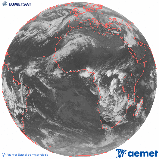 Imagen global del canal infrarrojo (10.8 μm) del satlite Meteosat, perteneciente a la serie MSG (Meteosat Segunda Generacin) y situado en 0N 0E. Sunday, 7 December  2025 19:00