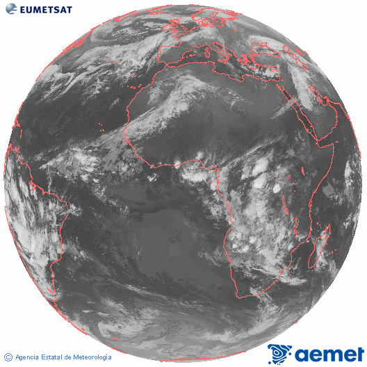 Imagen global del canal infrarrojo (10.8 μm) del satlite Meteosat, perteneciente a la serie MSG (Meteosat Segunda Generacin) y situado en 0N 0E. Monday, 8 December  2025 01:00