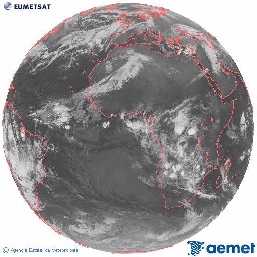 Imagen global del canal infrarrojo (10.8 μm) del satlite Meteosat, perteneciente a la serie MSG (Meteosat Segunda Generacin) y situado en 0N 0E. Monday, 8 December  2025 04:00