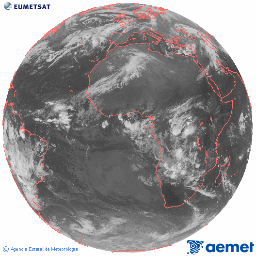 Imagen global del canal infrarrojo (10.8 μm) del satlite Meteosat, perteneciente a la serie MSG (Meteosat Segunda Generacin) y situado en 0N 0E. Monday, 8 December  2025 07:00