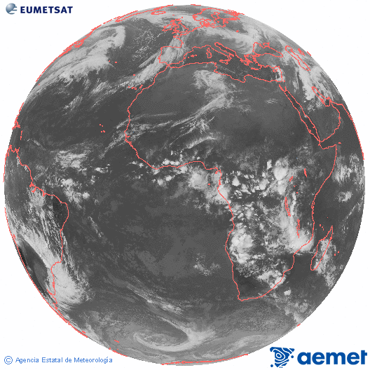 Imagen global del canal infrarrojo (10.8 μm) del satlite Meteosat, perteneciente a la serie MSG (Meteosat Segunda Generacin) y situado en 0N 0E. Tuesday, 9 December  2025 19:00