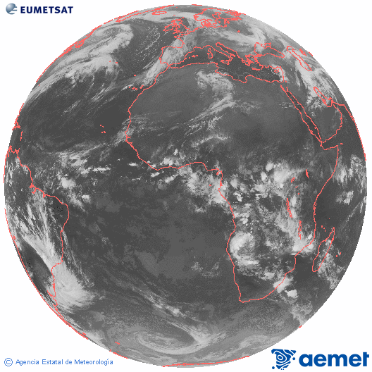 Imagen global del canal infrarrojo (10.8 μm) del satlite Meteosat, perteneciente a la serie MSG (Meteosat Segunda Generacin) y situado en 0N 0E. Tuesday, 9 December  2025 22:00