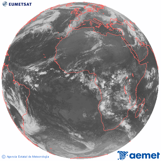 Imagen global del canal infrarrojo (10.8 μm) del satlite Meteosat, perteneciente a la serie MSG (Meteosat Segunda Generacin) y situado en 0N 0E. Wednesday, 10 December  2025 01:00