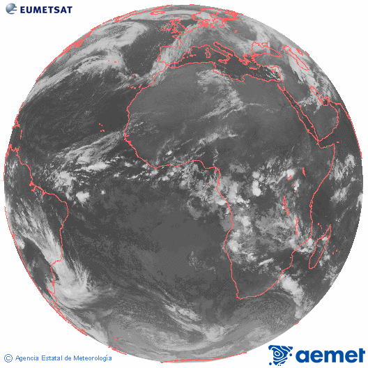 Imagen global del canal infrarrojo (10.8 μm) del satlite Meteosat, perteneciente a la serie MSG (Meteosat Segunda Generacin) y situado en 0N 0E. Wednesday, 10 December  2025 04:00