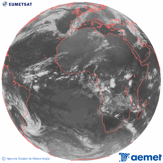 Imagen global del canal infrarrojo (10.8 μm) del satlite Meteosat, perteneciente a la serie MSG (Meteosat Segunda Generacin) y situado en 0N 0E. Wednesday, 10 December  2025 07:00