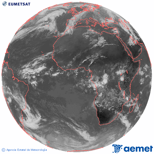 Imagen global del canal infrarrojo (10.8 μm) del satlite Meteosat, perteneciente a la serie MSG (Meteosat Segunda Generacin) y situado en 0N 0E. Wednesday, 10 December  2025 10:00