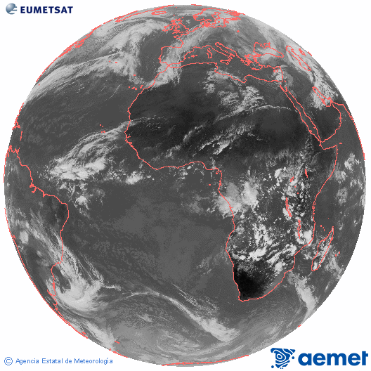 Imagen global del canal infrarrojo (10.8 μm) del satlite Meteosat, perteneciente a la serie MSG (Meteosat Segunda Generacin) y situado en 0N 0E. Wednesday, 10 December  2025 13:00