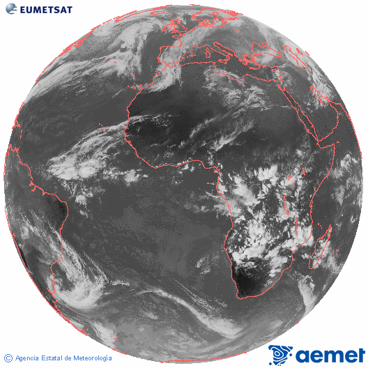 Imagen global del canal infrarrojo (10.8 μm) del satlite Meteosat, perteneciente a la serie MSG (Meteosat Segunda Generacin) y situado en 0N 0E. Wednesday, 10 December  2025 16:00