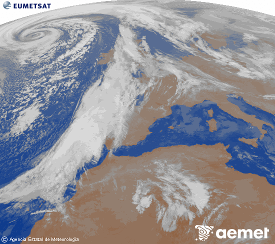 Imagen de la zona de Europa y Norte de frica del canal infrarrojo del satlite Meteosat operacional en 0N 0W, procesada para darle color. jueves, 11 diciembre 2025 a las 23:00