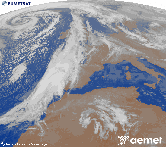 Imagen de la zona de Europa y Norte de frica del canal infrarrojo del satlite Meteosat operacional en 0N 0W, procesada para darle color. viernes, 12 diciembre 2025 a las 00:00