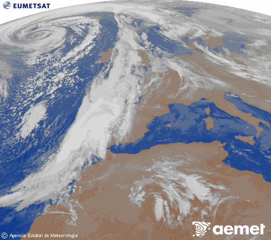 Imagen de la zona de Europa y Norte de frica del canal infrarrojo del satlite Meteosat operacional en 0N 0W, procesada para darle color. viernes, 12 diciembre 2025 a las 01:00