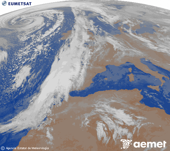 Imagen de la zona de Europa y Norte de frica del canal infrarrojo del satlite Meteosat operacional en 0N 0W, procesada para darle color. viernes, 12 diciembre 2025 a las 02:00