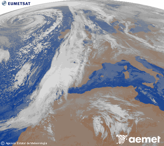 Imagen de la zona de Europa y Norte de frica del canal infrarrojo del satlite Meteosat operacional en 0N 0W, procesada para darle color. viernes, 12 diciembre 2025 a las 03:00