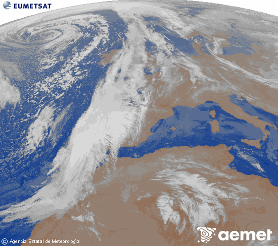 Imagen de la zona de Europa y Norte de frica del canal infrarrojo del satlite Meteosat operacional en 0N 0W, procesada para darle color. viernes, 12 diciembre 2025 a las 04:00