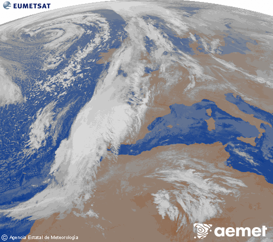 Imagen de la zona de Europa y Norte de frica del canal infrarrojo del satlite Meteosat operacional en 0N 0W, procesada para darle color. viernes, 12 diciembre 2025 a las 05:00