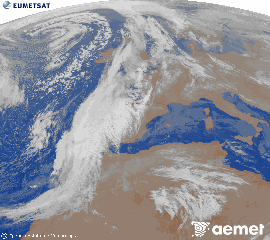 Imagen de la zona de Europa y Norte de frica del canal infrarrojo del satlite Meteosat operacional en 0N 0W, procesada para darle color. viernes, 12 diciembre 2025 a las 06:00