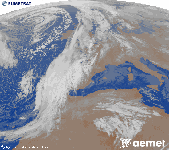 Imagen de la zona de Europa y Norte de frica del canal infrarrojo del satlite Meteosat operacional en 0N 0W, procesada para darle color. viernes, 12 diciembre 2025 a las 07:00