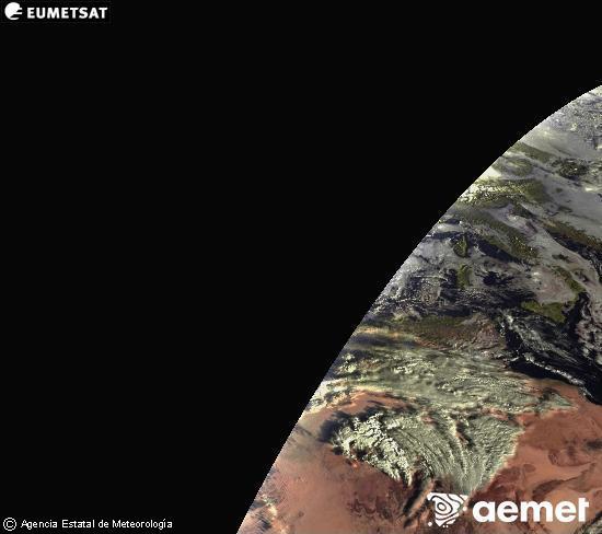Esta imagen se genera utilizando informacin de los canales visibles del satlite METEOSAT perteneciente a la segunda generacin de satlites Meteosat (MSG). Por ese motivo, slo hay informacin en la zona iluminada por el sol. Adems, los canales han sido normalizados para que el brillo no dependa de la posicin del sol. viernes, 12 diciembre 2025 a las 08:00