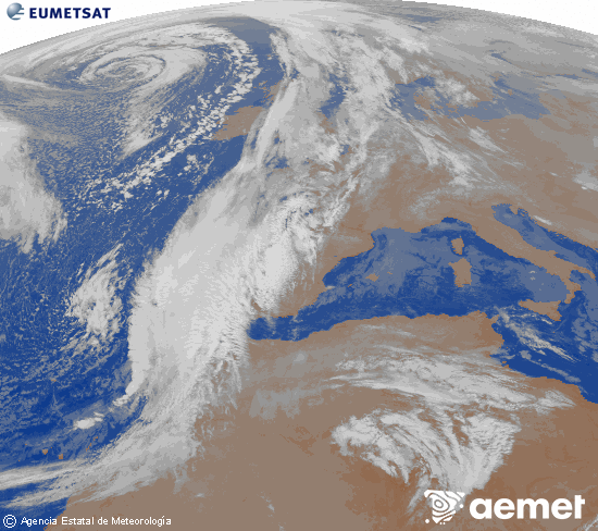 Imagen de la zona de Europa y Norte de frica del canal infrarrojo del satlite Meteosat operacional en 0N 0W, procesada para darle color. viernes, 12 diciembre 2025 a las 08:00