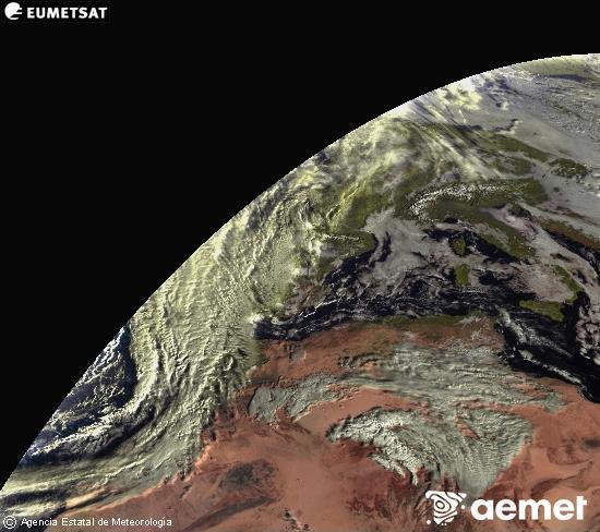 Esta imagen se genera utilizando informacin de los canales visibles del satlite METEOSAT perteneciente a la segunda generacin de satlites Meteosat (MSG). Por ese motivo, slo hay informacin en la zona iluminada por el sol. Adems, los canales han sido normalizados para que el brillo no dependa de la posicin del sol. viernes, 12 diciembre 2025 a las 09:00