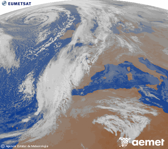 Imagen de la zona de Europa y Norte de frica del canal infrarrojo del satlite Meteosat operacional en 0N 0W, procesada para darle color. viernes, 12 diciembre 2025 a las 09:00