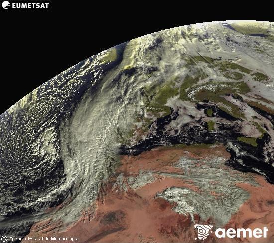 Esta imagen se genera utilizando informacin de los canales visibles del satlite METEOSAT perteneciente a la segunda generacin de satlites Meteosat (MSG). Por ese motivo, slo hay informacin en la zona iluminada por el sol. Adems, los canales han sido normalizados para que el brillo no dependa de la posicin del sol. viernes, 12 diciembre 2025 a las 10:00